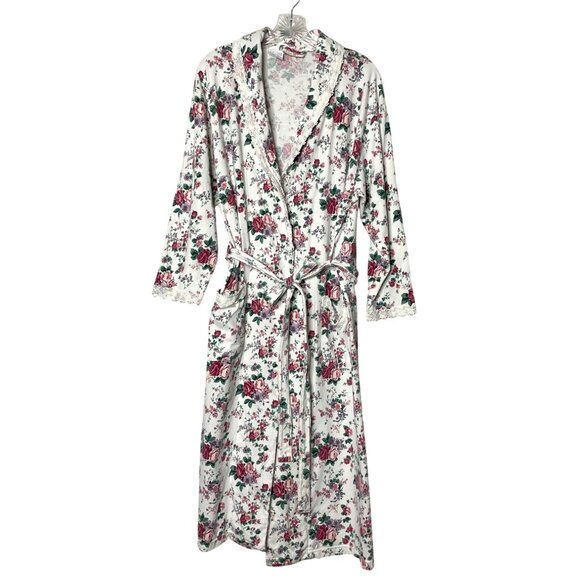 Victorias Secret Vtg 80s Floral Cotton Robe Women's M/L Lace Trim Made in Greece